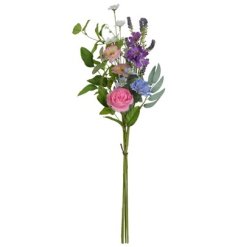 A fine quality artificial posy featuring a purple and blue colourful mix of peonies, daisies, lilac and wildflowers.