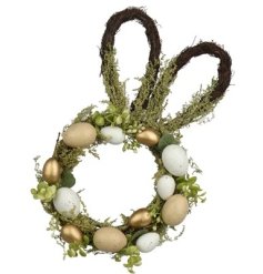 With bunny ears and golden eggs, this foam wreath with twigs is perfect for hanging on a wall indoors or in a protected 