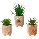 An assortment of 3 stoneware pots each with a beautiful flower design. Complete with an artificial succulent. 
