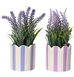 Brighten any space with vibrant artificial lavender in a chic striped porcelain pot for lasting charm.