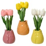 An assortment of 3 colourful tulip vases, each with artificial tulips. 