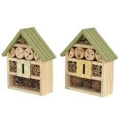 A mix of 2 natural insect houses made from pinewood. Complete with green roof and hook to hang.