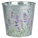 A lavender design plant pot made from zinc in a shimmery silver colour