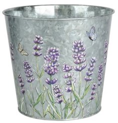 Lavender-inspired plant pot crafted from zinc with a rustic silver finish.