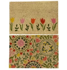 A mix of 2 colourful floral doormats featuring striking tulips. 
