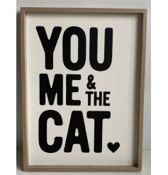 Big wooden sign in natural finish featuring black text inspired by cats.