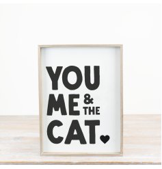 Big wooden sign in natural finish featuring black text inspired by cats.