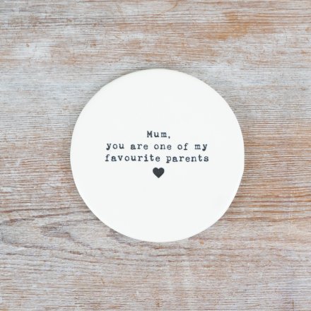 A chic porcelain coaster with a humorous mum sentiment slogan. Embossed with a chic heart detail. 