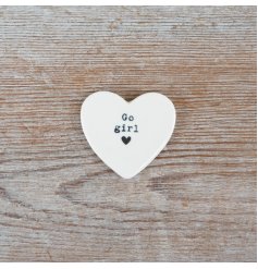 White glazed heart token featuring black text and a delicate heart design.