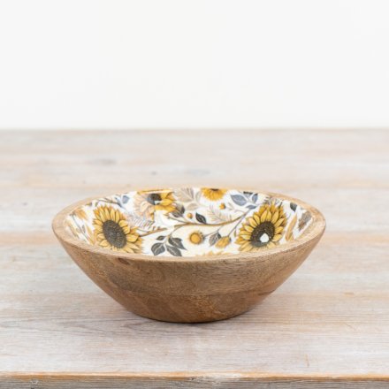 A chic, hand finished mango wood bowl with enamel centre. Featuring a bright and bold sunflower pattern.