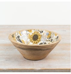 A rustic wooden bowl with a bright and beautiful enamel sunflower design. A must have interior accessory. 