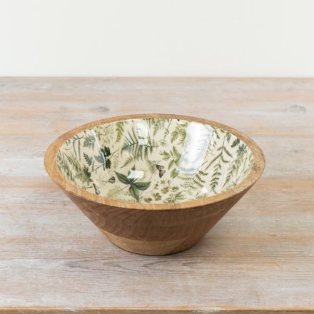 A mango wood and enamel bowl featuring a beautiful butterfly and fern design. 
