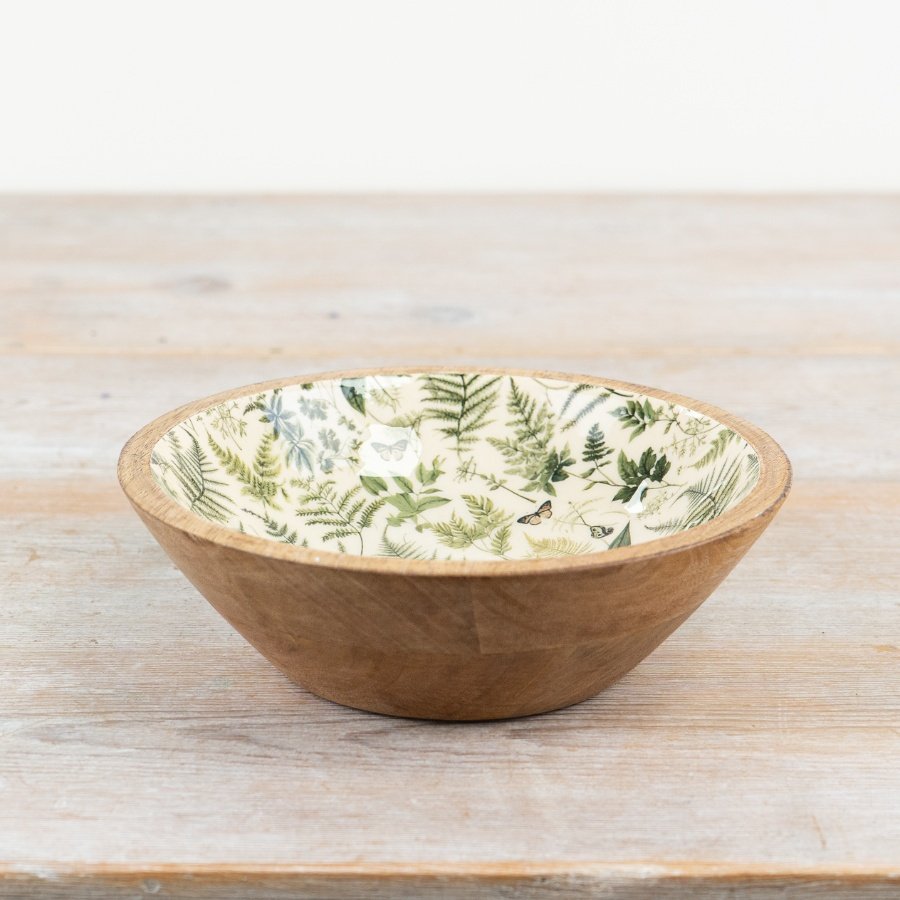 A stylish mango wood bowl with printed enamel centre. Bursting with a beautiful green fern and butterfly design.