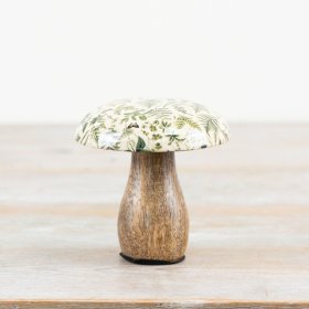 A hand crafted wooden mushroom ornament made from mango wood with an enamel cap.