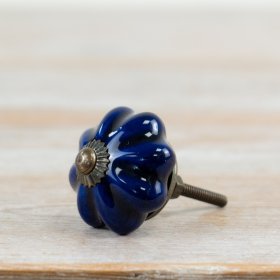 Blue flower-shaped door knob with a glossy glaze finish.