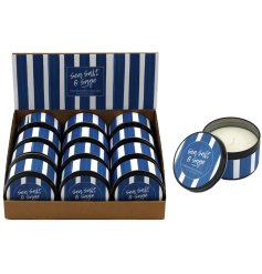 Add charm and coziness to any room with this Blue Stripe Tin Candle