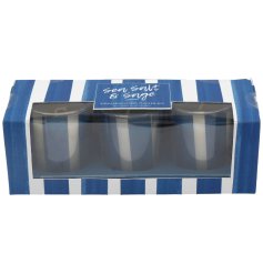 Add elegance and warmth to any room with the Blue Stripe Votives