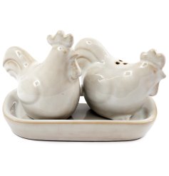 Add vintage charm to your table with the S/2 Brocante Chicken Cruet Set