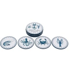 Bring coastal vibes to your space with the set of 4 Sealife-themed coasters.