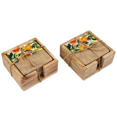 Pack of 4 coasters crafted from wood with enamel detailing.