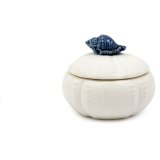 Charming shell pot with lid, featuring a delicate white and blue coastal design