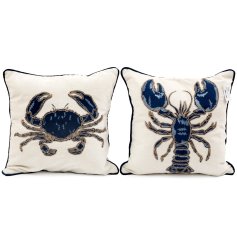 Bring coastal charm to your home with this 45cm White and Blue Lobster Crab SC Cushion