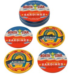 Brighten your space with this set of 4 colorful Sardines Tin Coasters—charming and stylish home accents!