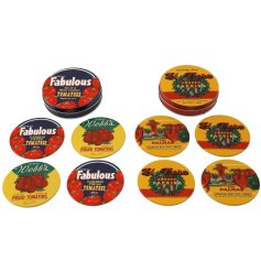 Add color and charm to your table with our set of 4 vibrant tomato and chili tin coasters, sturdy and stylish!