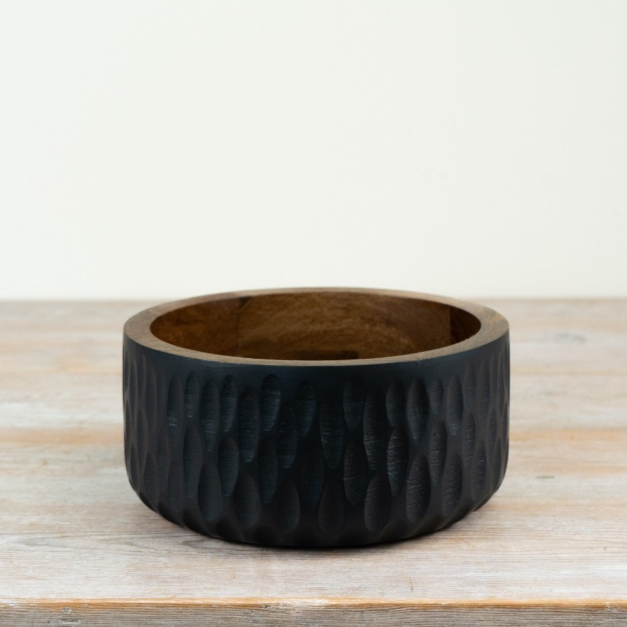 Stylish grey-finished wooden bowl with an elegant design.