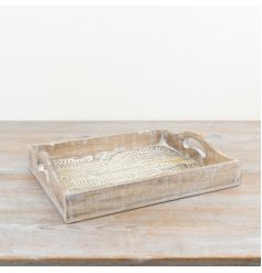 Elegant whitewash serving tray with a chic patterned design.