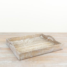 Charming whitewashed wooden tray with an elegant design for stylish serving and decor.