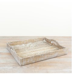 Charming white-washed wooden tray with an elegant, rustic design.