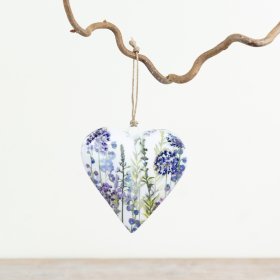 Elegant heart-shaped hanger adorned with lovely lavender blooms, a classic decorative piece.