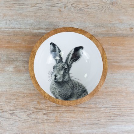 a stylish enamel and wooden rabbit serving bowl 