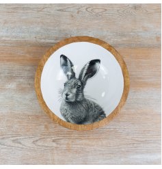 a stylish enamel and wooden rabbit serving bowl 