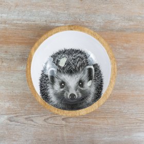 The Hedgehog Design bowl features a durable wooden base paired with a sleek enamel surface.