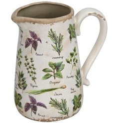 A distressed jug in a neutral colour tone featuring an assortment of various herbs with illustrations and their names