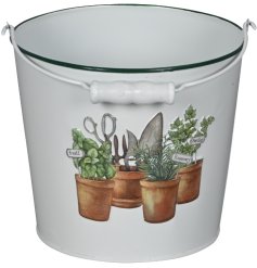 Charming rustic bucket planter in brown and white metal