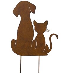 Enhance your garden with this rustic brown iron stake featuring cat and dog designs.