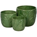 A gorgeous set of 3 planters in a deep green hue lavished with an embossed leaf pattern. 