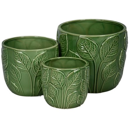 S/3 Green Leaf Planter, 18cm