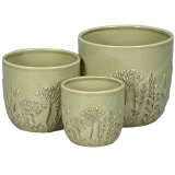 Add a touch of nature to your home with this set of three embossed green stoneware planters,