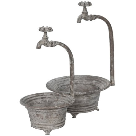 S/2 Rustic Iron Garden Bowls Water Taps