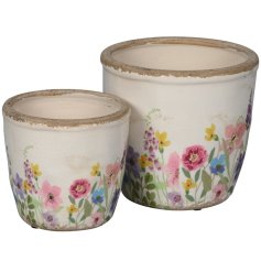 Beautiful duo of floral-patterned planters for a stylish plant display.