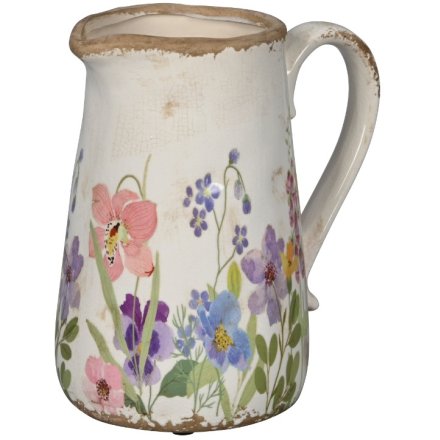 Rustic Floral Stoneware Jug Vase, 23.5cm 