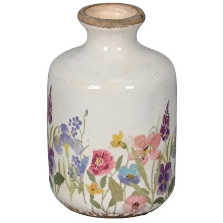Floral Glazed Stoneware Vase, 17.5cm 