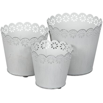 S/3 White Flower Bucket Planter