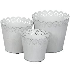 Add a charming touch to your home or garden with this set of three vintage-style White Flower Bucket Planters,