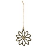 A pretty gold flower decoration with a rustic jute string hanger. 
