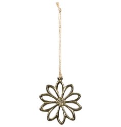 A pretty gold flower decoration with a rustic jute string hanger. 